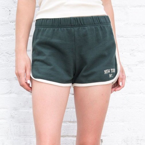 Brandy Melville Lisette Varsity Shorts Forest Green New York Embroidered - Picture 1 of 7